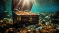 Open treasure chest sunken at the bottom of the sea Royalty Free Stock Photo