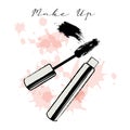 Open tube of mascara painted with grunge and watercolor brushes, trendy pastel colors. Illustration vector Royalty Free Stock Photo