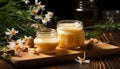 An open two glass jars of creamy honey stands on a stand made of natural wood. Near meadow and wild flowers and herbs. Composition