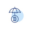 Open umbrella and bitcoin symbol. Blockchain security. Data insurance and protection. Pixel perfect, editable