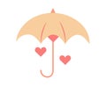 Open umbrella with heart rain. Falling heart shapes. Hide feelings. Elements of Valentine Day. Color image - pink, beige