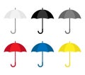 Open umbrella rain protection, set white, black, grey, red, blue, yellow. Rainy season, monsoon. Vector illustration Royalty Free Stock Photo