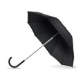 Open umbrella. Realistic black mockup. Side view weather object on ground with shadow, rain protect, parasol for