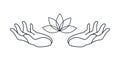 Open upward hands with lotus flower isolated. Hand drawn concept of hands with healing energy. Vector outline