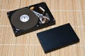 Open USB Hard Disk Drive on wood background