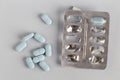 Open and used pack of blue pills Royalty Free Stock Photo