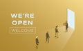 We are open vector flat poster design. People standing in line against open door. Advertising and promotion banner. Royalty Free Stock Photo