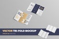 Open vector trifold mockup, inside, outside view, roll fold booklet with abstract pattern and realistic shadows, for design