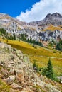 Open view in mountain valley of gray mountain peaks with pine trees and large rocks covered in lichen up close Royalty Free Stock Photo