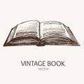 Open Vintage Book Hand Draw Sketch Card. Vector