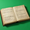 An open vintage ledger lies on a green surface. The pages feature handwritten entries Royalty Free Stock Photo