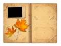 Open vintage photoalbum for photos with autumn foliage Royalty Free Stock Photo