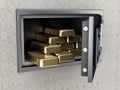 Open wall safe full of gold ingots mounted in the wall. 3D illustration