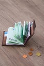 Open wallet with euro currency on the wooden table Royalty Free Stock Photo