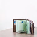 Open wallet with euro currency on the wooden table Royalty Free Stock Photo