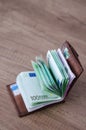 Open wallet with euro currency on the wooden table Royalty Free Stock Photo