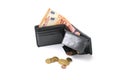 Open wallet with some euro coins and notes, money check in an economic crisis, isolated on a white background, selective focus Royalty Free Stock Photo