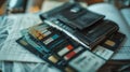 Open wallet with various credit cards and a checkbook on a desk Royalty Free Stock Photo
