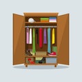 Open wardrobe with clothes. Closet with clothes, dresses, shirts, boxes and shoes. Natural wooden Furniture. Vector