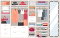 Open wardrobe with clothes vector illustration, cartoon flat shelves boxes with woman man things, shoes or hats
