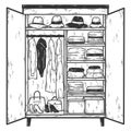 Open wardrobe with thingswith things. Sketch scratch board imitation coloring.