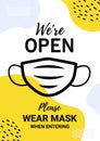 We are open. Warning poster. Please put on your mask.