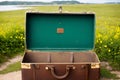 An open brown suitcase lying on a dirt road.