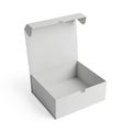 Open White Cardboard Box with Flaps Raised on White Background empty Royalty Free Stock Photo
