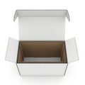 Open white cardboard box with flaps isolated on white background Royalty Free Stock Photo