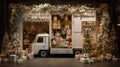 open white cargo truck with christmas trees & gifts inside