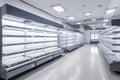 Open White, Clean And Empty Refrigerated Shelves In A Newly Built Supermarket With Lots Of Light Are Waiting To Be Filled On The