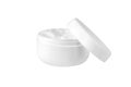 Open white cream jar on white background isolated close up, moisturizing hand, face or body cream plastic round bottle