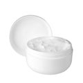 Open white cream jar on white background isolated close up, moisturizing hand, face or body cream plastic round bottle