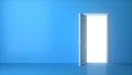 Open white door on blue background. Light shines from door opening. Room interior design element. Modern minimal concept. Royalty Free Stock Photo