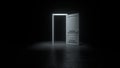 An open white door to a dark room with bright light. A light shines over a doorway in a dark room. Abstract dark concrete interior Royalty Free Stock Photo
