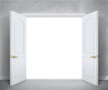 Open white double doors on gray wall