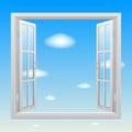 Open white double window on blue sky background