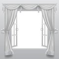 Open white double window with classic blinds and transparent glass