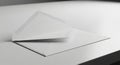 An open white envelope on a smooth white surface, displaying a minimali Royalty Free Stock Photo