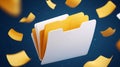 Open white folder with yellow papers flying on a dark blue background Royalty Free Stock Photo