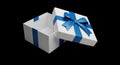 Open white gift box with blue ribbon and bow isolated on transparent background Royalty Free Stock Photo