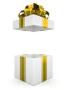 Open white gift box with gold bow isolated on white background 7 Royalty Free Stock Photo