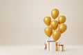 Open white gift box with gold ribbon and balloon on luxury creamy background