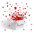 Open white Gift Box and Heart Confetti. Christmas and Valentine Background. Vector Illustration Royalty Free Stock Photo