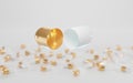 Open white golden blank capsule on background of closed shiny pills. Medical tablets, pharmaceutical drug, vitamins Royalty Free Stock Photo