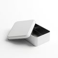 Open White Metal Tin Box with Lid Ajar on White Surface metal box container Royalty Free Stock Photo