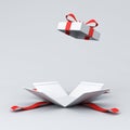 Open white present box or gift box with red ribbons and bow on white grey background with shadow minimal concept Royalty Free Stock Photo