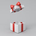 Open white present box or gift box with red ribbons and bow on white gray background with shadow minimal conceptual 3D Royalty Free Stock Photo