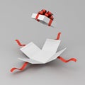 Open white present box or gift box with red ribbons and bow on white grey background with shadow minimal conceptual 3D Royalty Free Stock Photo