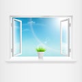 Open White Window With Flowerpot.